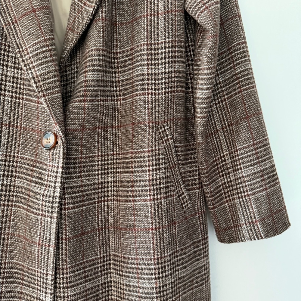 SHEIN Brown Plaid Long Trench Coat - Picture 3 of 11